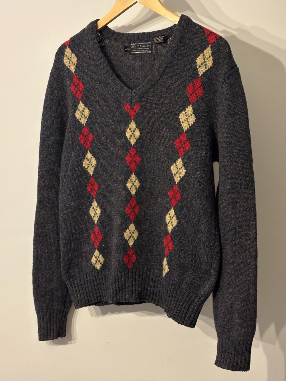 Vintage 100% Wool Argyle V-Neck Sweater | Leo Chevalier